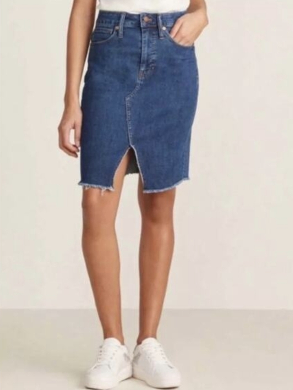 Madewell Stretch Denim Pegged Jean Skirt Above Knee Cutout Raw Hem Size 30